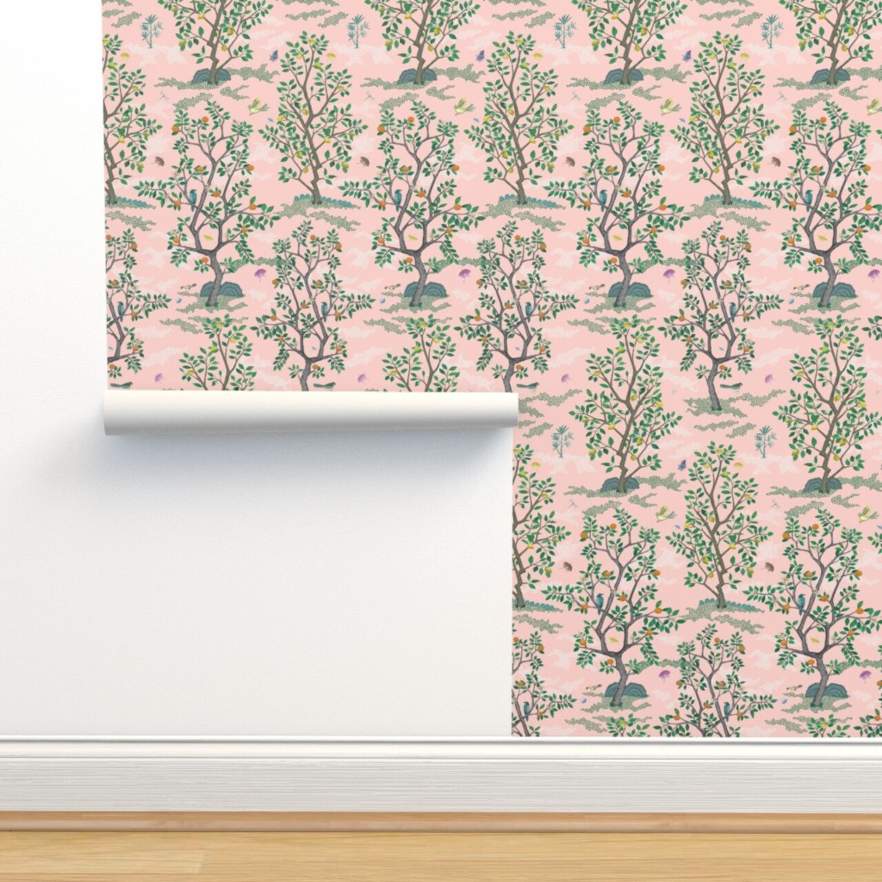 Chinoiserie Pink Botanical Nature Oranges Lemons Birds Custom Pre-pasted Wallpaper by Spoonflower Pre-Pasted Wallpaper 2FT Wide